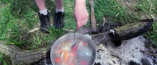 Sul rogo c'è una vera zuppa di pesce.  Cucinare la zuppa di pesce di fiume sul fuoco